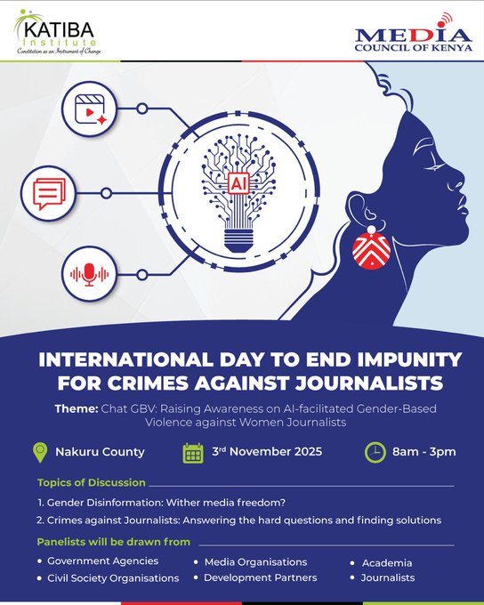 The Day is Here:

Join us as we commemorate this year's International Day to End Impunity for Crimes Against Journalists (IDEI) - youtube.com/live/WZKYuSTDU…

#IDEI2025KE #PressFreedom