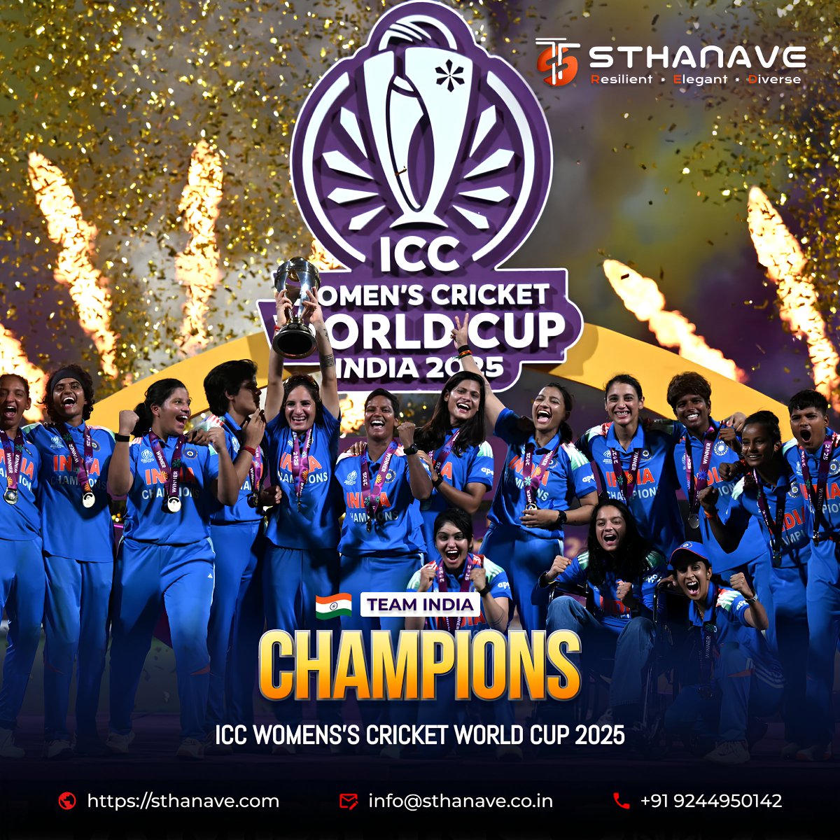 SthanaveTech's tweet image. The roar of victory echoes across India! 🏆💙
Congratulations to the Indian Women’s Cricket Team for winning the ICC Women’s World Cup 2025 and making the nation proud.
You’ve redefined strength and determination! 🏆🔥
#WomensWorldCup #TeamIndia #Champions #sthanavetechnologies