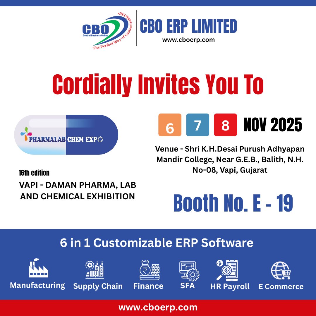 cbo_erp's tweet image. Team CBO ERP LIMITED is excited to be a part of PharmaLab Chem Expo 2025!
Join us at Booth No. E-19 from 6th to 8th November 2025 at Vapi, Gujarat, and explore our 6-in-1 Customizable ERP Software.

#PharmalabchemExp #PharmaInnovation #erpsoftwaresolution  #PharmaExpo
