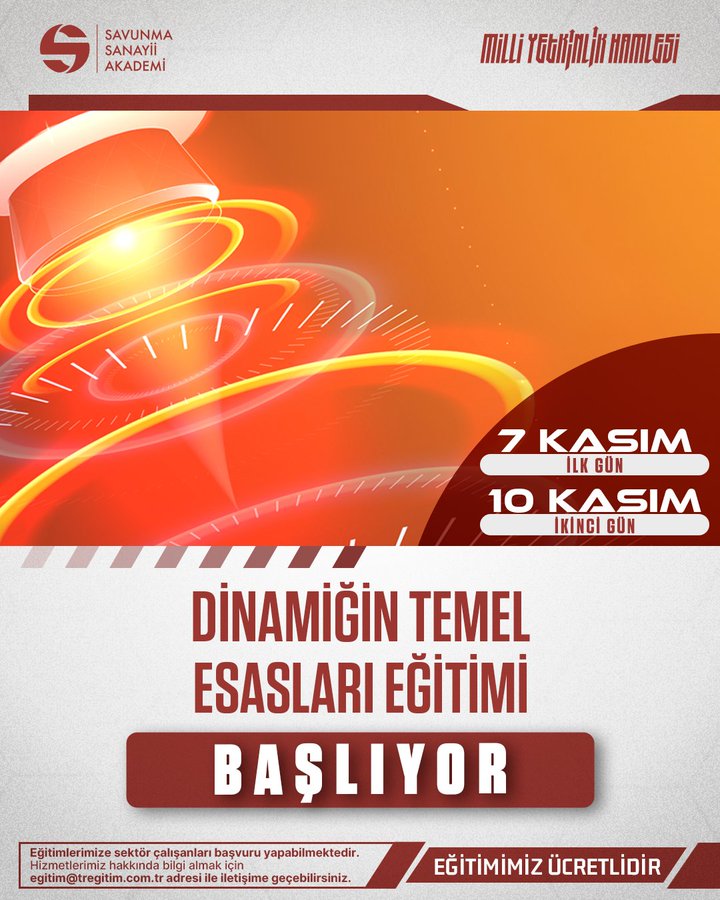 Poster features Savunma Sanayii Akademi logo at top left with Milli Yetkinlik Hamlesi branding abstract orange glowing circular energy diagrams resembling dynamic forces or simulations in center white background bold red text Dinamiğin Temel Esasları Eğitimi Başlangıç dates 7 Kasım first day and 10 İnkî second day 7 Kasim and 10 İnkî labels education fee free note at bottom in Turkish