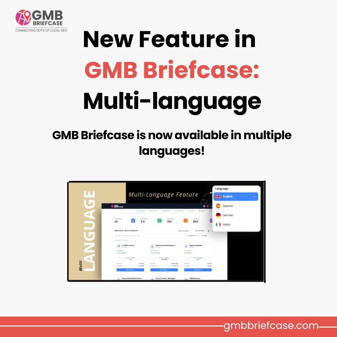 gmbbriefcasecom's tweet image. 🌍GMB Briefcase is now multilingual!

Manage and optimize listings in your preferred language: English, French, German, Italian &amp;amp; Spanish.

👉Try it now: gmbbriefcase.com

#GMBBriefcase #LocalSEO