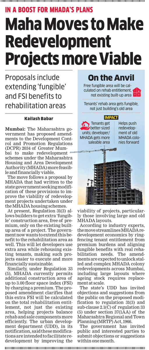 #Maharashtra #govt proposes key changes to make #MHADA redevelopment projects more viable, allowing additional FSI, fungible area on total rehab instead of just existing built-up area economictimes.indiatimes.com/industry/servi… <a href="/EconomicTimes/">Economic Times</a> #Realty #Mumbai #Housing