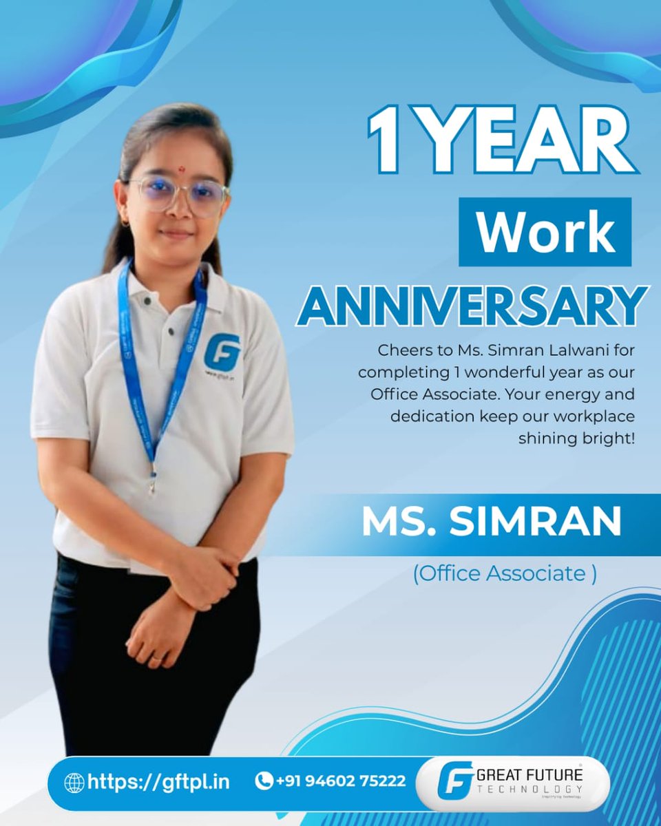 GreatFutureTech's tweet image. At GFTPL, we celebrate people who make work feel like family. 💙
Congratulations Ms. Simran Lalwani on completing one incredible year of dedication and success!
#TeamGFTPL #CelebratingExcellence #WorkAnniversary