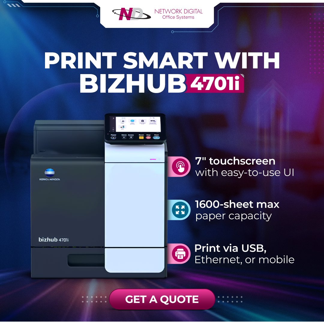 NetworkDig's tweet image. Simplify office printing with the #KonicaMinolta Bizhub 4701i. Its 7-inch touchscreen, high capacity, and mobile #printing keep your team efficient and connected.

📞 Call Network Digital at 973-882-3000 for a quote!

#NetworkDigital #PrintSolutions #OfficeEfficiency