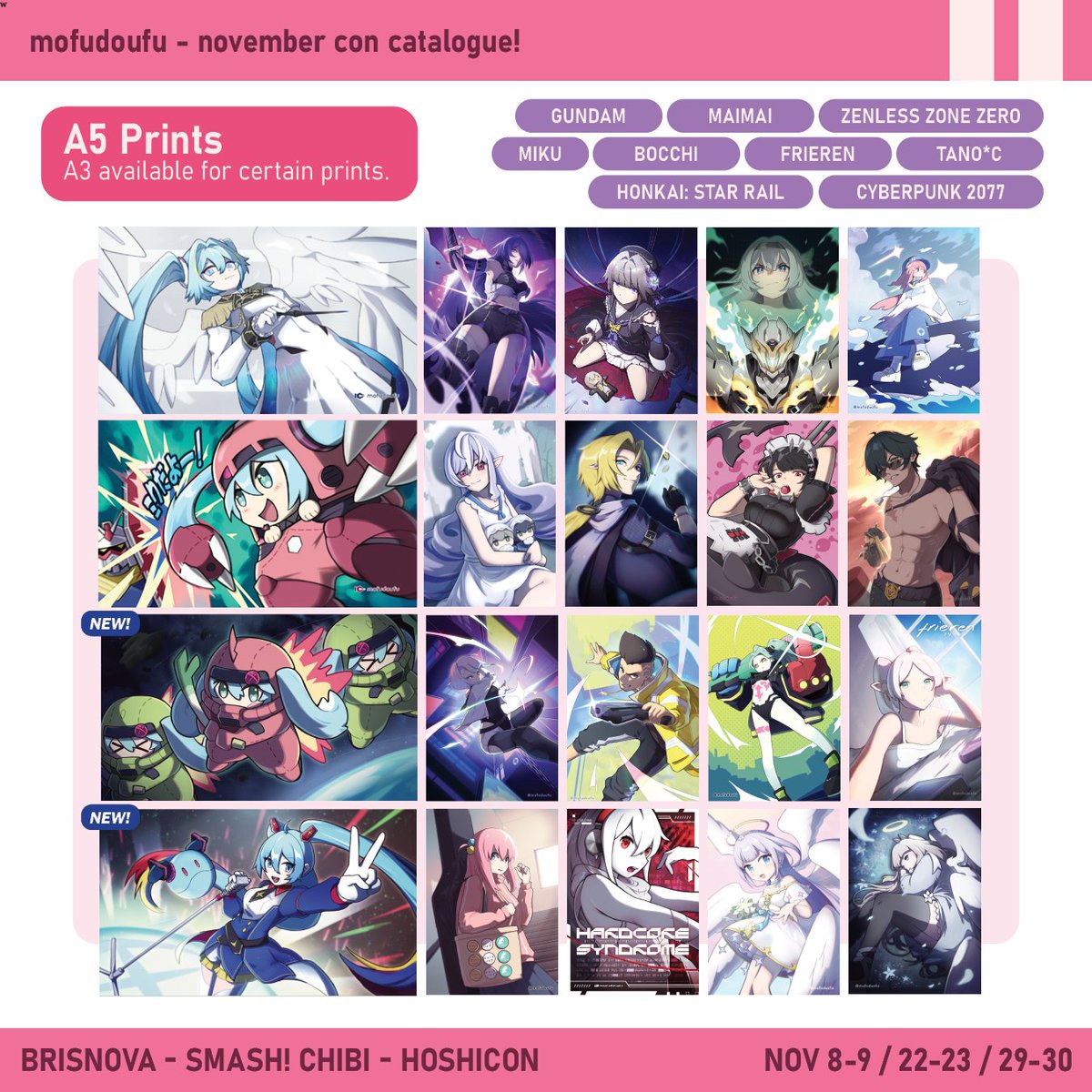 rirityiii's tweet photo. (1/2)
Con Catalogue for November 2025
This will be my last 3 #artistalley cons for the year! New stuff include Gundam Miku prints, playmats and more bangboo gacha! 

✦ Brisnova @SupanovaExpo 
Nov 8-9
✦ SMASH! Chibi @smashcon 
Nov 22-23
✦ HoshiCon @hoshievents 
Nov 29-30 https://t.co/0SVHRfd6Zz