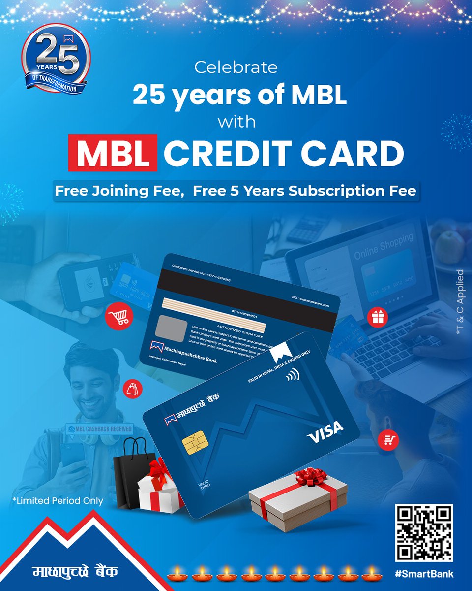 Celebrate 25 Years of MBL !!!!
Get your MBL Credit Card today with Free Joining Fee and Free 5-Year Subscription Fee.
*Apply Now: machbank.com/online-credit

#SmartBank #MBL #MBLCreditCard #25YearsOfTransformation #CelebrateWithMBL