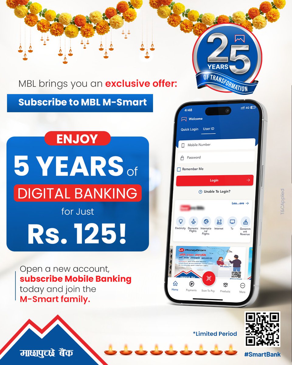 Celebrate MBL’s 25 Years !!!
Get 5 years of service through MBL M-Smart just for Rs. 125!
Open a new account and become part of the M-Smart family.
*Valid for Limited period!
*Download Now: onelink.to/2nfh6z

#MBL #SmartBank #mbldigital #25YearsOfTransformation