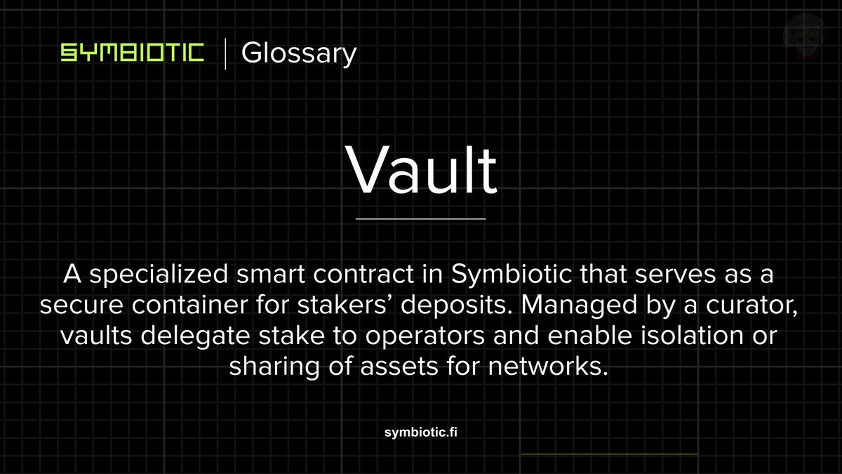 iamixas's tweet image. SYMBIOTIC | Glossary #3
  
Vault: A specialized smart contract in Symbiotic that serves as a secure container for stakers’ deposits. 

Managed by a curator, vaults delegate stake to operators and enable isolation or sharing of assets for networks.  

Stay tuned for more terms to…