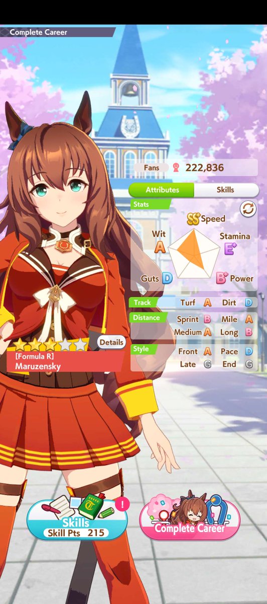 nightram's tweet image. I just finished her first career, I am so happy yall. I am so proud of my Marunzensky! I only lost one race but I think it was cuz my only stam skill at the time didn't proc but ey- RNG is rng