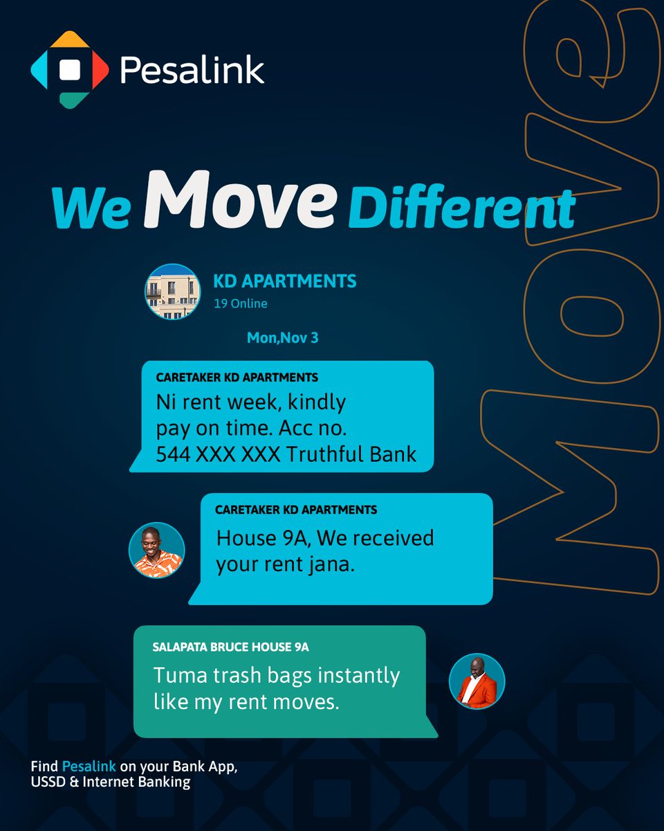 No queues, no delays. Pesalink moves your rent instantly, straight to your landlord’s bank account. Stay ahead, stress-free.

Find Pesalink on your Bank App, USSD &amp; Internet Banking.

#MoveDifferentWithPesalink #MoveDifferent
