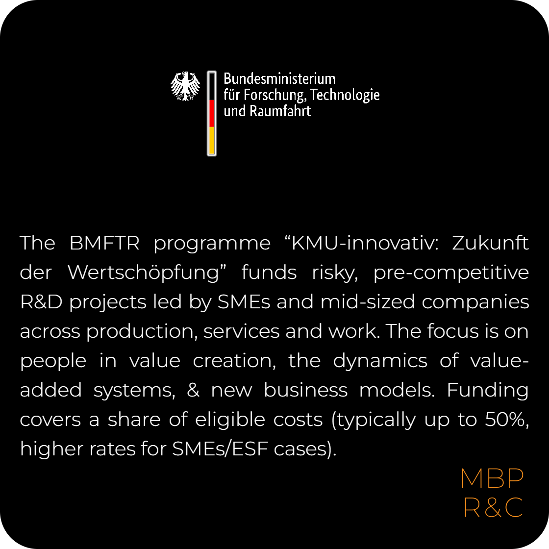 📢 SMEs—the <a href="/bmftr_bund/">BMFTR</a> funds pre‑competitive R&amp;D in value chains to help you develop innovative products, services &amp; socio‑technical solutions
📅Every 15 April &amp; 15 Oct
🏷️Know an SME that should apply? Tag them
#CallForProposals #ResearchFunding #FundingOpportunity
<a href="/ImMatthewP/">Matthew Plutschack</a>