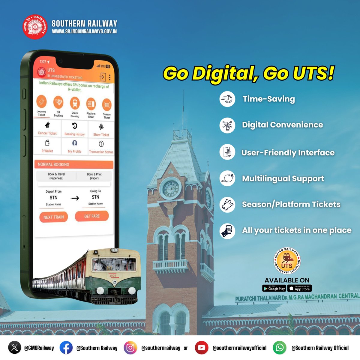 DrmChennai's tweet image. Book QR tickets, unreserved tickets, superfast tickets, and season passes — all on the UTS app!

Available in multiple languages for your convenience. Travel smarter with UTS!

#UTSapp #QRBooking