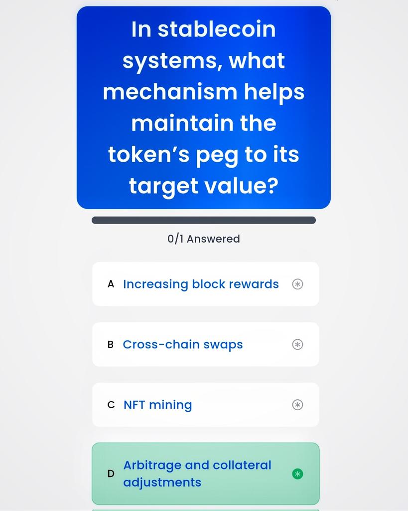 CryptoBetula's tweet image. 💠 Syntax Treasury Ritual!

🗓️ Monday, 03.11.2025
💰 Stablecoins stay pegged by arbitrage and collateral — balance through precision.
✨ Mark D to hold the peg!

#SyntaxVerse #Stablecoins #CryptoLogic #Web3Quiz #LearnAndEarn #CryptoQuiz