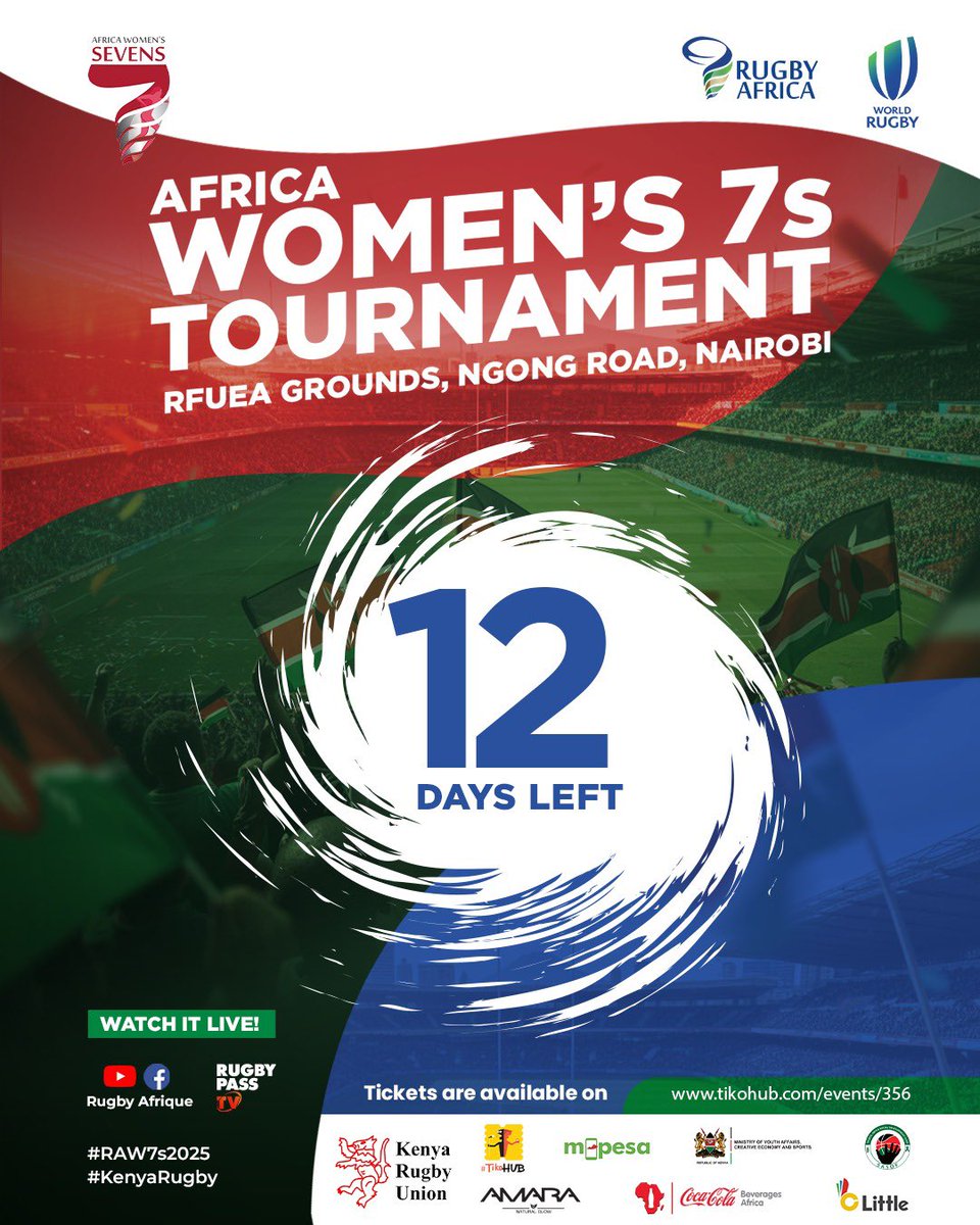 OfficialKRU's tweet photo. 🚨12 DAYS to D-Day‼️
If you haven’t gottten your 🎫, go to https://t.co/UF4WJ6U4Cj and grab yours.
Don’t miss out on electrifying rugby and fun🥳😎. Tag mbogi yako tukutane RFUEA grounds from the 15th - 16th November, tusupport the #Lionesses.

#MpesaPowersKenya7s #SafaricomRugby https://t.co/ci46rmbuvc