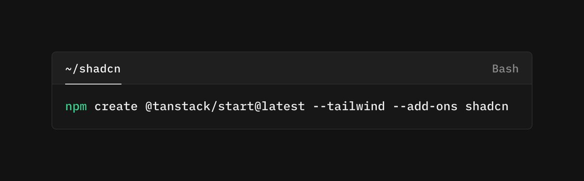 shadcn's tweet image. Tanstack Start + shadcn/ui is now just one command.