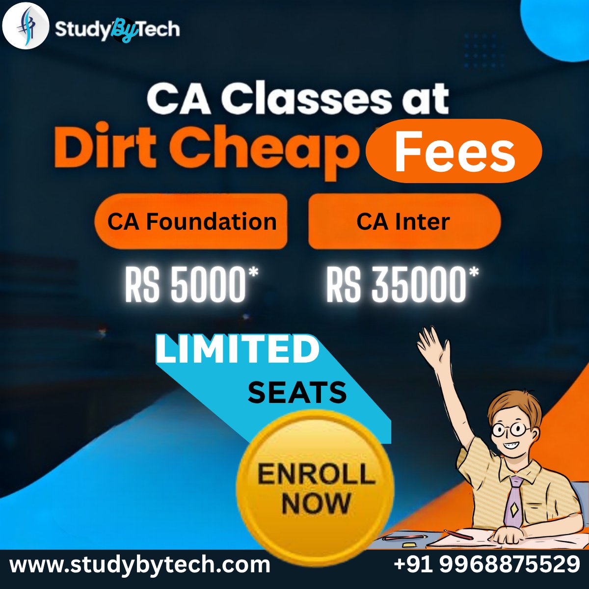 StudyByTech's tweet image. Limited seats. Enroll now! Get top-quality CA coaching at a price you can’t ignore — #cafoundation at Rs 5000, #cainter at Rs 35000. Join StudyByTech for concept clarity, doubt support, and exam-focused guidance. DM or call to book your seat today!
StudyByTech.com