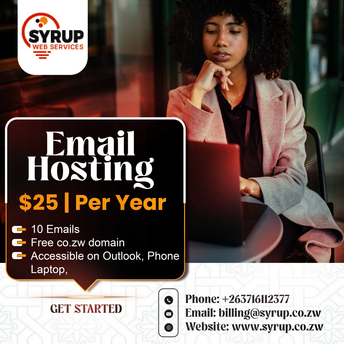 SyrupWeb's tweet image. Starting a new business? Commence with professional email hosting for seamless business communications. From $25 per year, inclusive of a complimentary domain name for the first year. Emails are activated within 24 hours. Contact us on +263716112377 syrup.co.zw/email-hosting