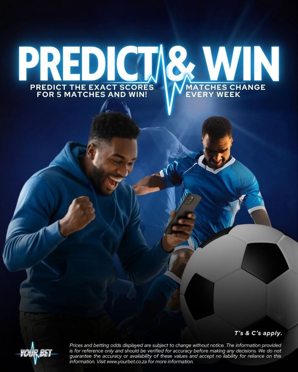 YourBetSA's tweet image. Your predictions could pay off big! ⚽ Guess the exact scores for 5 matches and stand a chance to win! 

Enter only via our website, comments don’t count as entries.

Head on over to our site to enter and #FeelAlive with #YourBet. 

 T’s &amp;amp; C’s apply. #PredictTheScore #YourBet