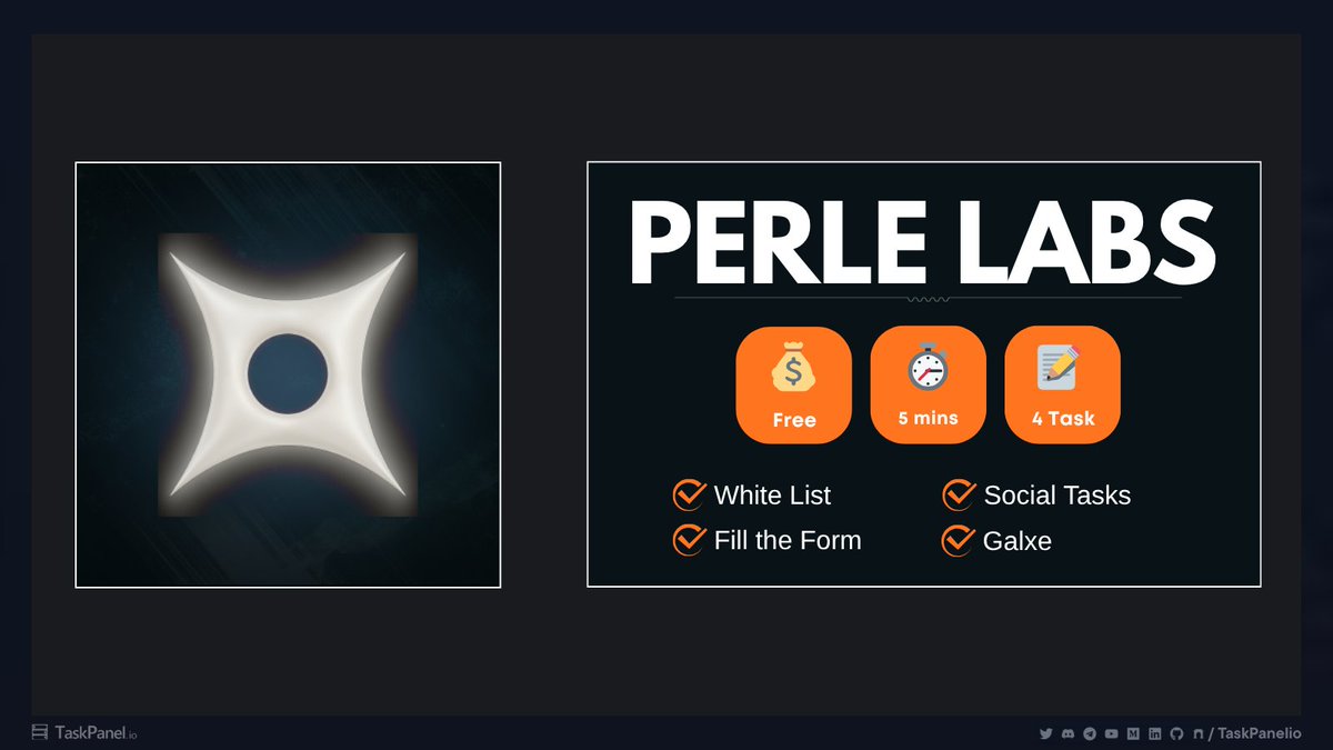 taskpanelio's tweet image. PerleLabs Airdrop Tasks 🤖
PerleLabs, the AI data platform with $17M in funding from HashKey Capital, has opened its whitelist applications!

Secure your spot for early access and a potential airdrop.

📝 Tasks: Whitelist Form (Limited Time!), Galxe 
💰 Cost: Free 
⏱️ Duration:…
