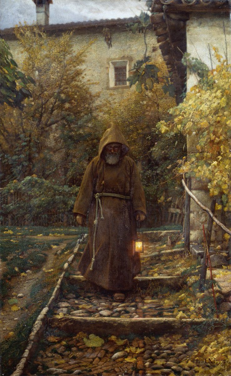 Luigi Nono, Primo novembre, 1913,coll.priv.,olio su tela

Solo, nel grigiore novembrino, assorto nelle litanie dei santi, va ad aprire la chiesa (le chiavi in mano); la lanterna allude già all’attesa del Natale.
La festa di Ognissanti è l’inizio della Quaresima di S.Francesco🙏