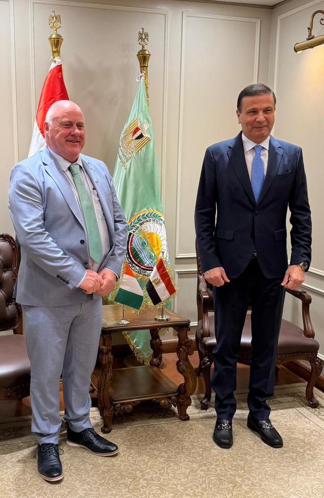 Minister of State at the Department of Agriculture, Food and the Marine, Noel Grealish, met with H.E. Minister Alaa Farouk of Agriculture and Reclamation. They discussed beef trade, agricultural cooperatives, and how to benefit from Irish expertise in the efficient use of land.