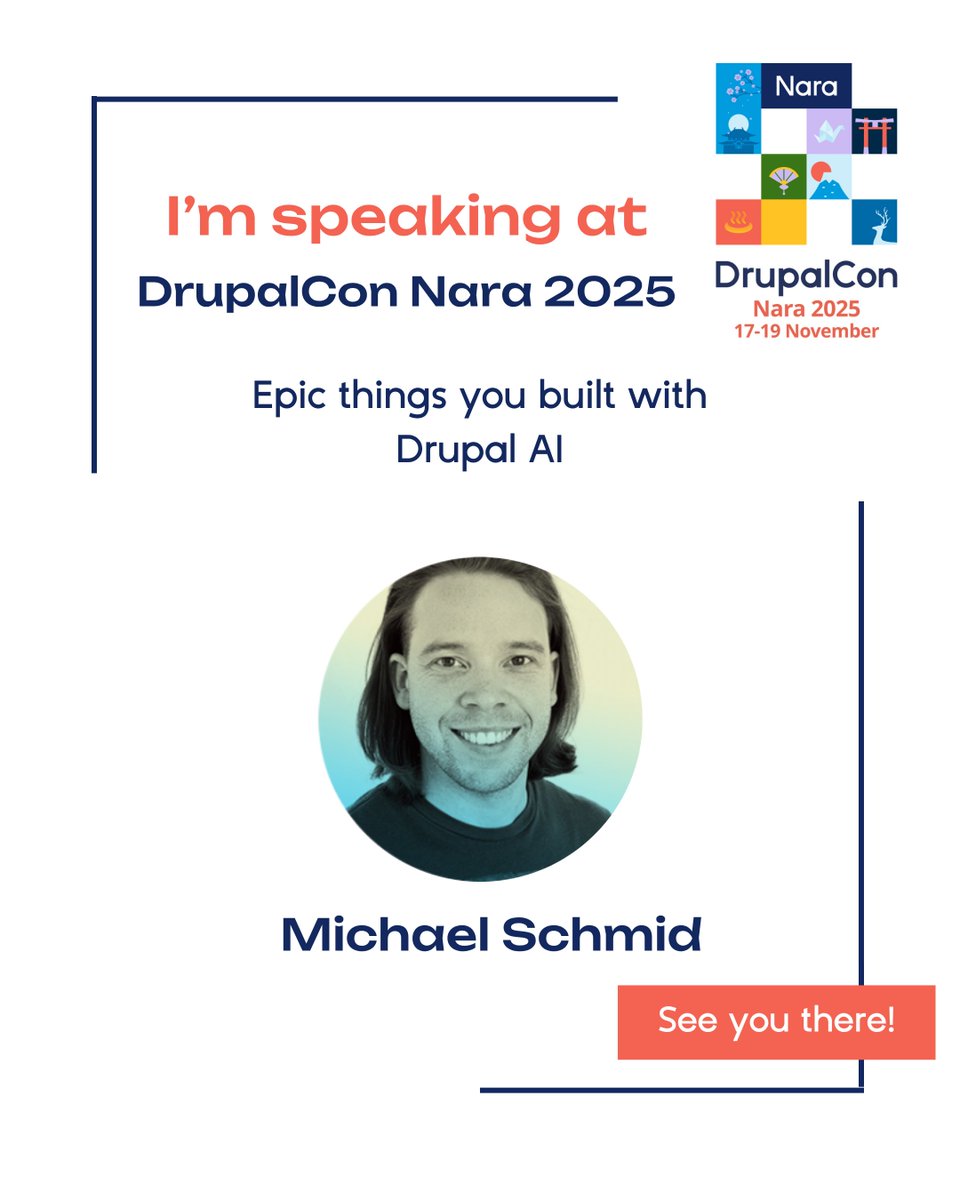 DrupalConAsia's tweet image. See AI in action: join Michael (Schnitzel) at #DrupalConNara for “Epic Things You Built with Drupal AI”

📅 Nov 18  | 📍 Room Hiten B

👉Register now: events.drupal.org/nara2025/regis…

Note: This session will be presented in English.

#DrupalConAsia #OpenSource
