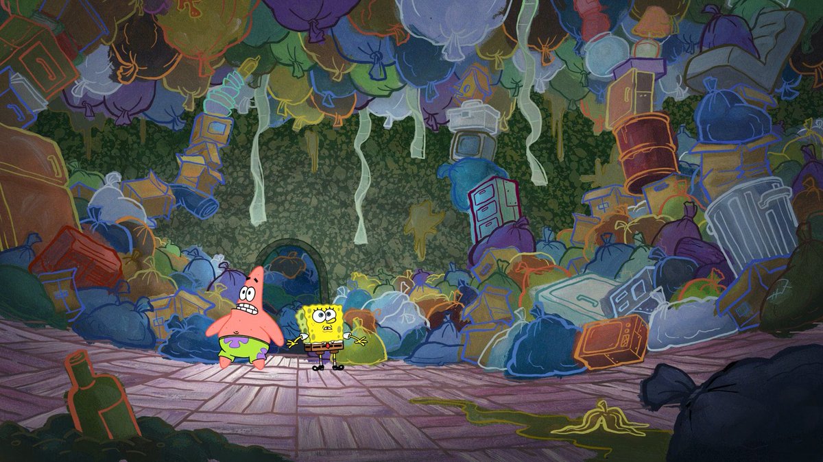 ArtofSpongebob's tweet image. To make my point one final time, here's some similarly trash filled backgrounds from season 8's "Sentimental Sponge" compared to the new episode.