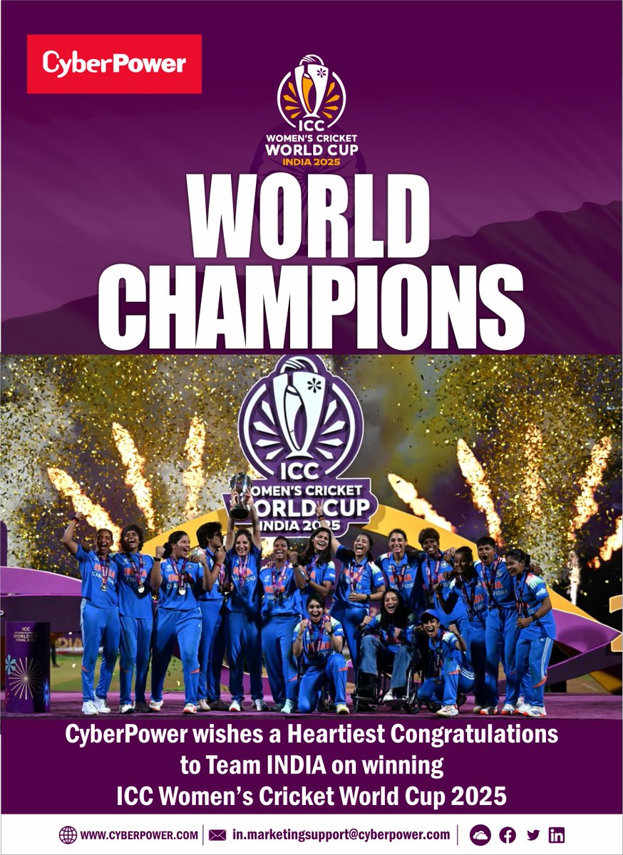 Massive congratulations from CyberPower to Team India Women's Team on winning the ICC Women's Cricket World Cup 2025! 

You have made the entire nation proud with your incredible achievement! 🙌🏆👏 

#TeamIndia #womeninblues #iccwomensworldcup2025 #StayProtected #StayPowered