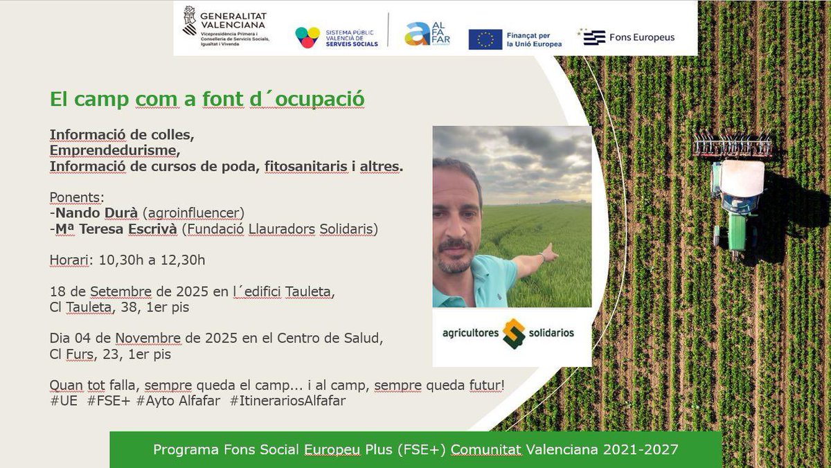 A tot això, demà estaré en Alfafar parlant d'oportunitats laborals al sector agrari, si esteu interessats, la xarrada és oberta per a tot aquell que tinga el gust vindre! Vos espere a les 10:30 allí, bon dia