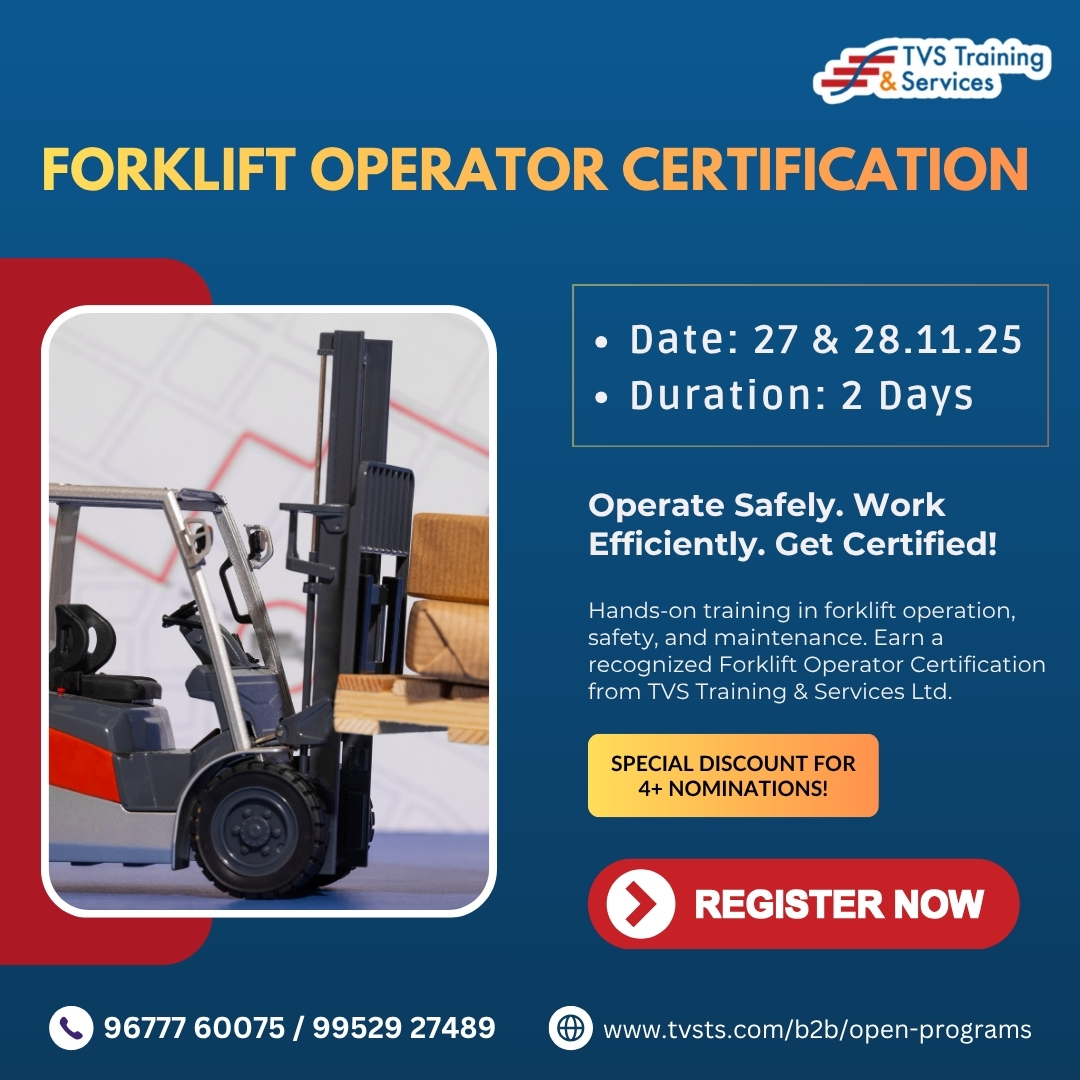 tvs_ts_official's tweet image. Get certified in forklift operation! 🚜
Join our Forklift Operator Certification on 27 &amp;amp; 28.11.25.
📅 2 Days | 🎯 Special discount for 4+ nominations!
👉 Register: forms.office.com/r/Fvi0YvMsru?o…
🌐 Visit: tvsts.com/b2b/open-progr…
#ForkliftTraining #OperatorCertification #SafetyFirst