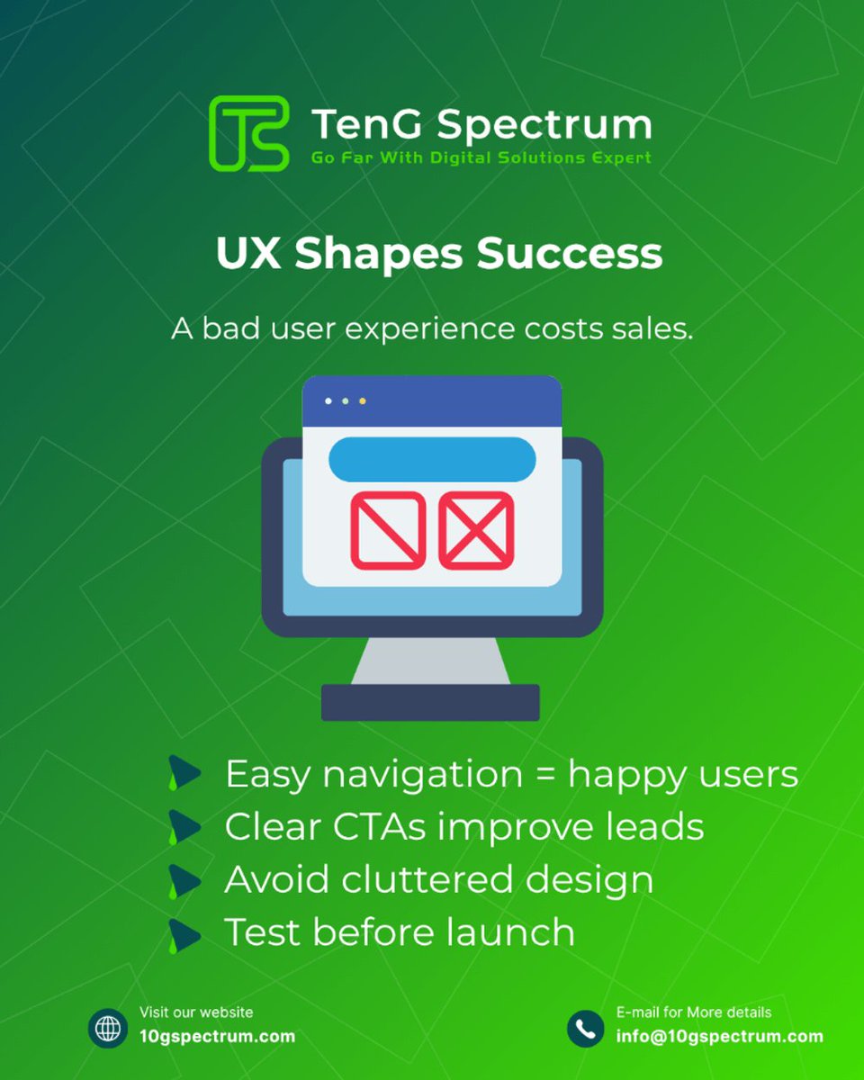 tengspectrum's tweet photo. 𝗛𝗮𝗽𝗽𝘆 𝘂𝘀𝗲𝗿𝘀 = 𝗯𝗲𝘁𝘁𝗲𝗿 𝘀𝗮𝗹𝗲𝘀! Your website's success is shaped by its 𝗨𝗫. We're focusing on:

🧭 𝗘𝗮𝘀𝘆 𝗡𝗮𝘃𝗶𝗴𝗮𝘁𝗶𝗼𝗻: Keep users on the right path.
💡 𝗖𝗹𝗲𝗮𝗿 𝗖𝗧𝗔𝘀: Turn curiosity into conversions. https://t.co/Rh5drBKcZ3
