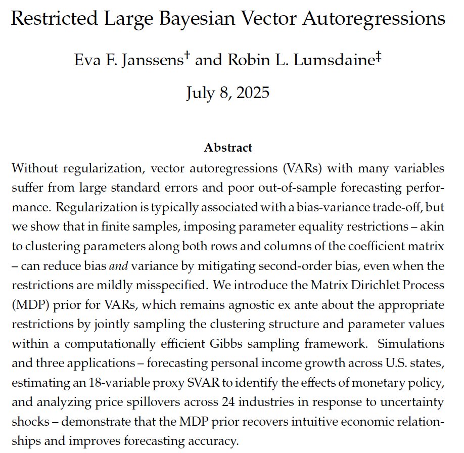 CERatGWU's tweet image. On Oct 30, our H.O. Stekler Research Program on Forecasting hosted Robin Lumsdaine (American U) presenting “Restricted Large Bayesian VARs.”

Her MDP prior clusters parameters, improving forecasts while easing the bias-variance trade-off.

#EconTwitter #Forecasting #Econometrics