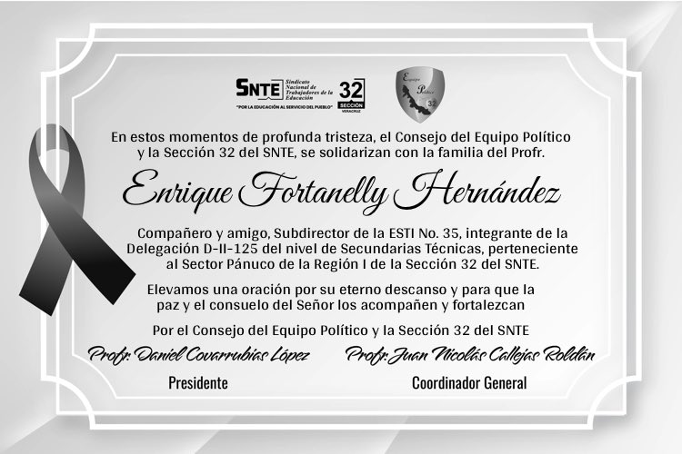 Mis más sinceras condolencias por el sensible fallecimiento de nuestro compañero y amigo, Subdirector de la ESTI No. 35, perteneciente a la Delegación D-II-125 del nivel de Secundarias Técnicas, del Sector Pánuco de la Region I.

Descanse en paz. 🕊️

#SNTE32 #EquipoPolítico