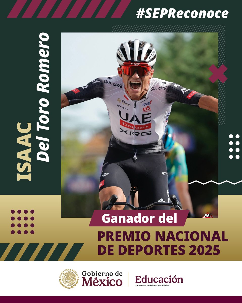 #SEPReconoce a Isaac del Toro, ciclista mexicano y ganador del Premio Nacional de Deportes 2025, por su disciplina, determinación y logros históricos que inspiran a las nuevas generaciones del ciclismo en México. 🚴🇲🇽