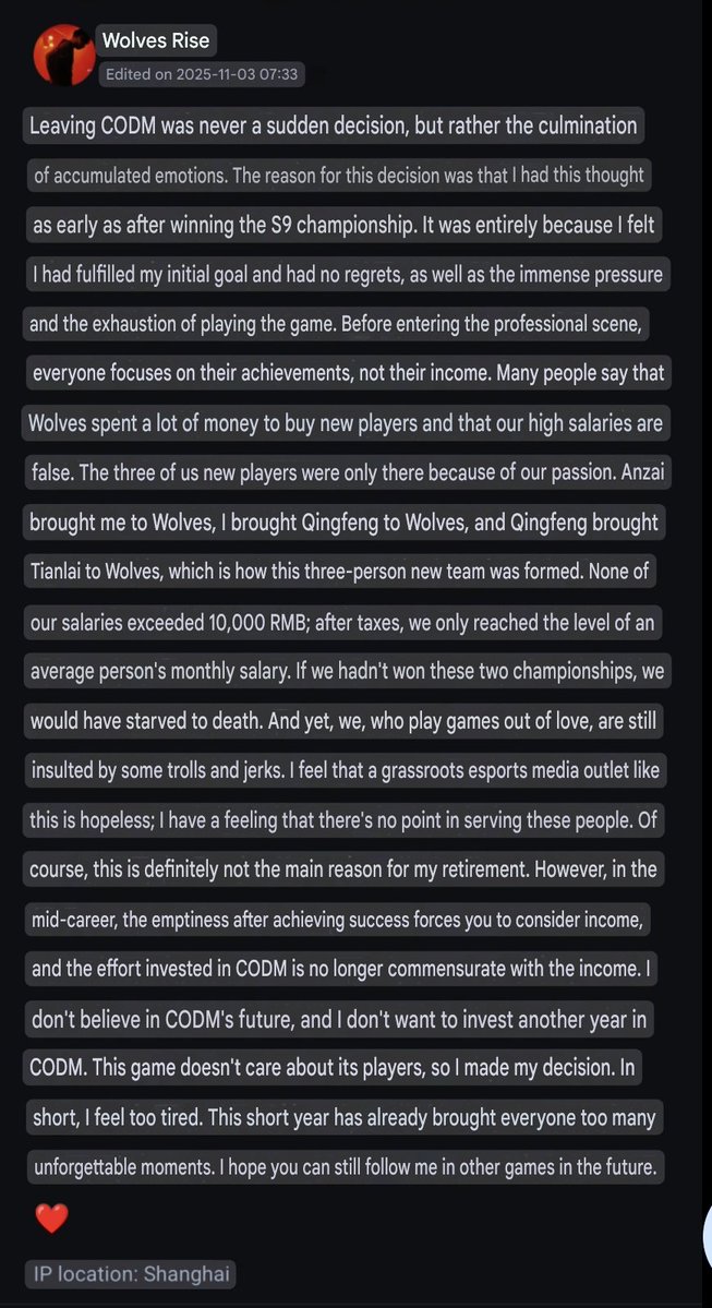 CODMeSportsHub's tweet image. Wolves @OverShrk99889 Explains Departure from CODM: Passion, Pressure, and Industry Realities.