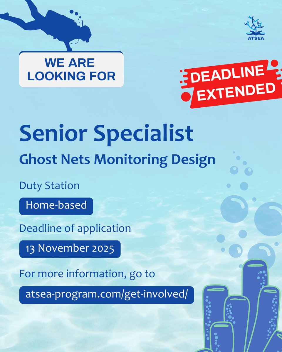Join the ATSEA team!

 We’re hiring a Senior Specialist to help design a regional system to track and reduce ghost nets across the Arafura and Timor Seas.

📅 Deadline extended to 13 Nov 2025
🔗 For more information, visit atsea-program.com/get-involved/