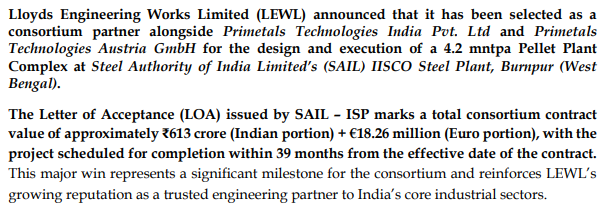marketgreeks's tweet image. #LloydsEngineering Works Part of Consortium Awarded ₹613 Crore + €18 Million Order from SAIL – IISCO Steel Plant for 4.2 MTPA Pellet Project #Nifty #Stockmarket #sharemarket #Sensex