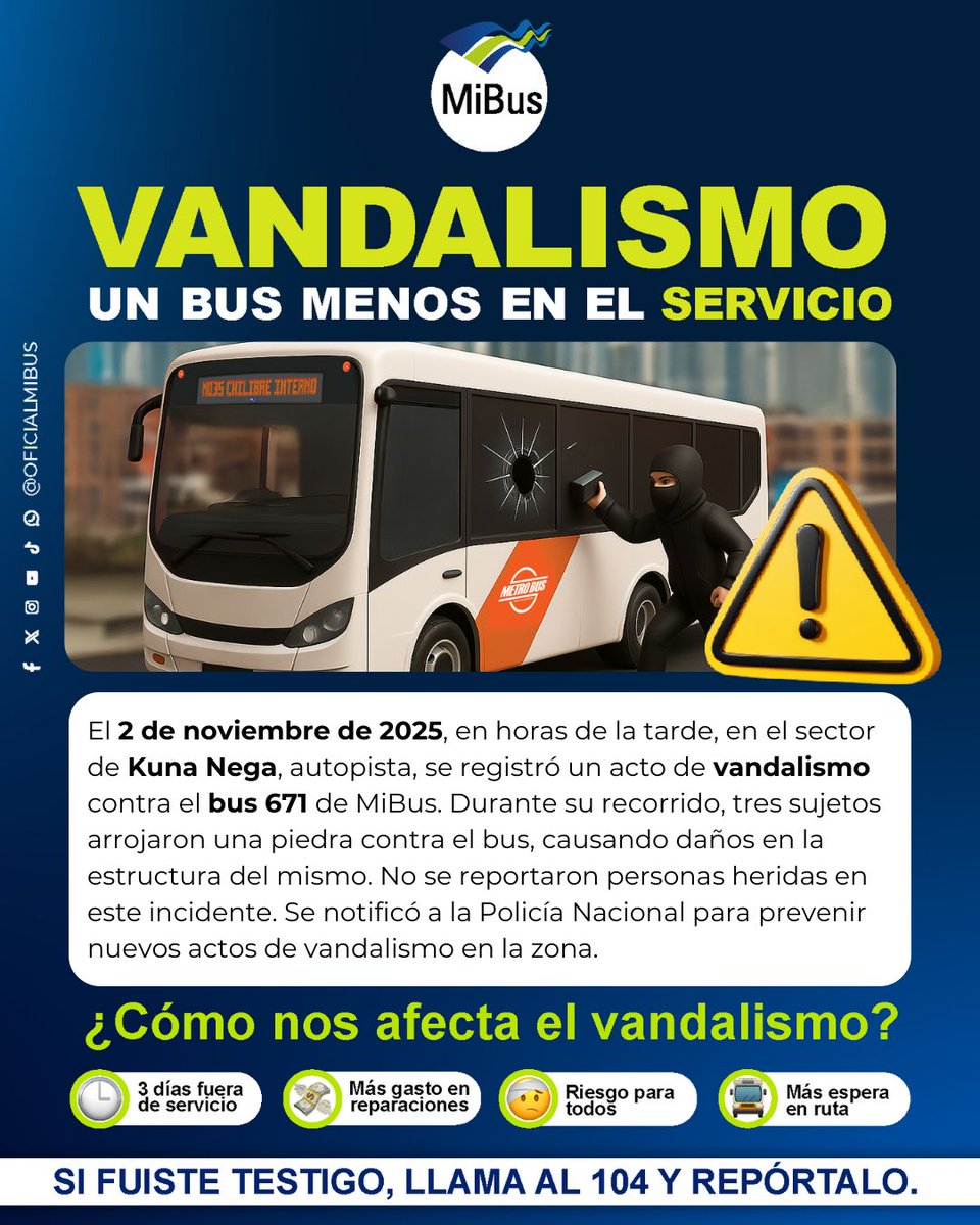 #Alerta #NuevoVandalismo #UnBusMenos  Este tipo de actos vandálicos ponen en riesgo la vida de nuestros usuarios y del conductor. Cada vandalismo significa otro bus fuera de circulación🚫#CuidaTuBus <a href="/casafa47/">CarlosSanchezFabrega</a>