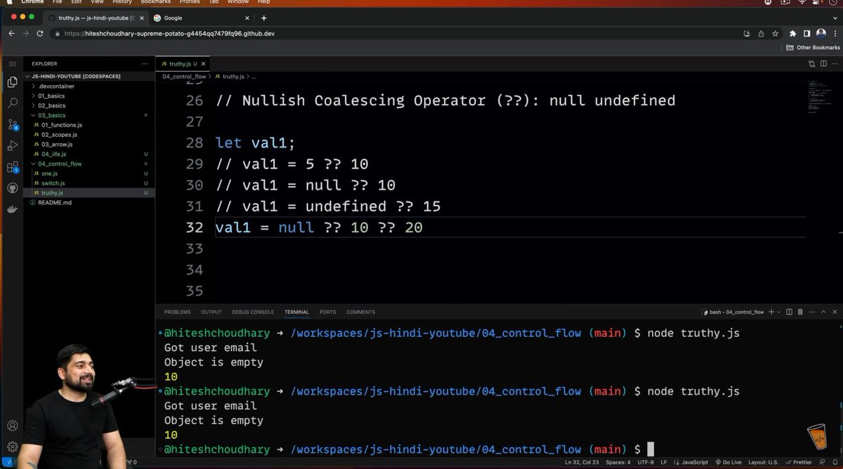 codeXninjaDev's tweet image. Day 25 of #JavaScriptChallenge by @ChaiCodeHQ @Hiteshdotcom
Learned control flow with if-else &amp;amp; switch
- Explored truthy &amp;amp; falsy values
- Checked empty arrays &amp;amp; objects
- Understood Nullish Coalescing(??)
- Used Ternary Operator for quick conditions
#MasterjiChallenge #JavaScript