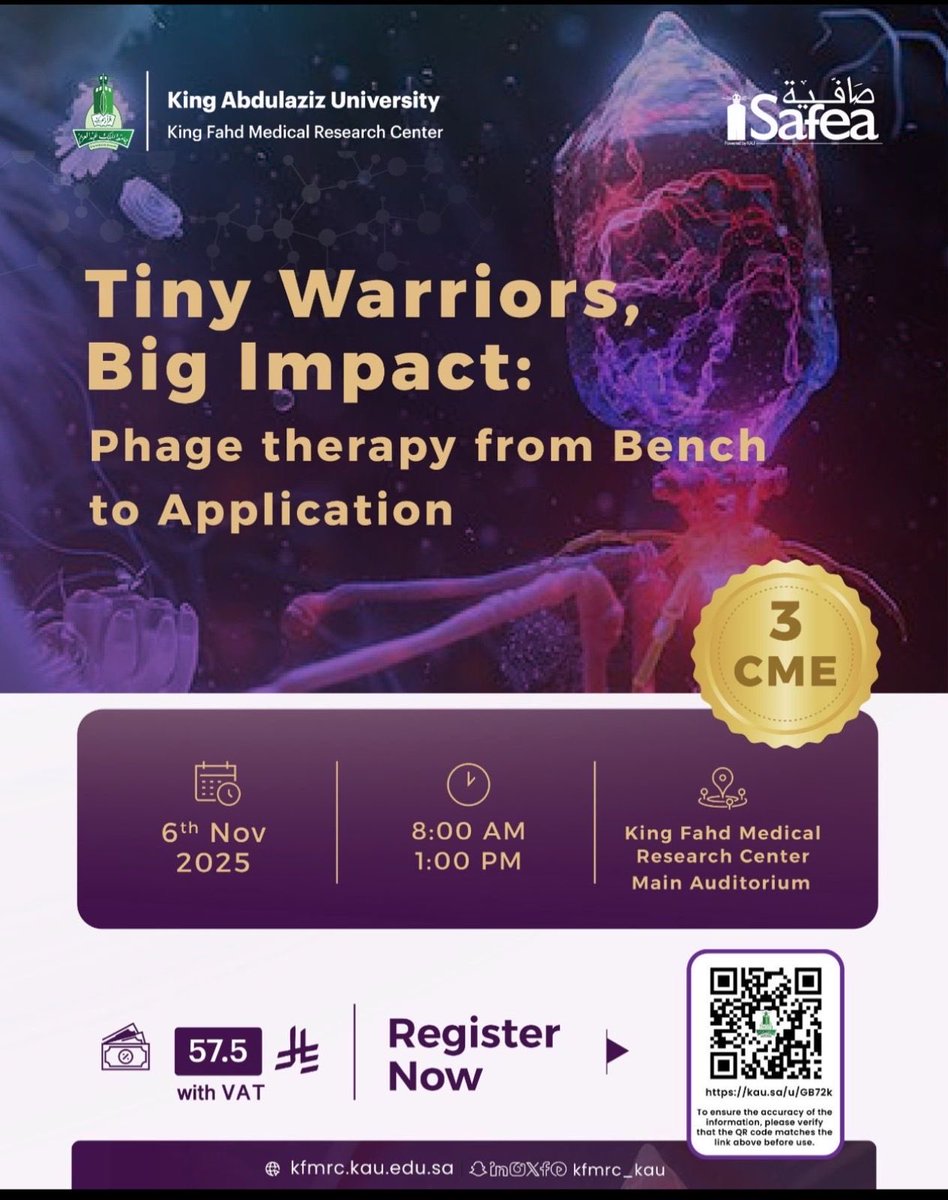 EsamAzhar's tweet image. 🔬 Tiny Warriors… Big Impact!
في عالم يتسلح بالعلم لمواجهة البكتيريا المقاومة
تبرز العاثيات كأبطالٍ مجهرية تحول الأمل إلى علاج والبحث إلى إنقاذ.
أنضموا إلى رحلة من المختبر إلى التطبيق
في مركز الملك فهد للبحوث الطبية بجامعة الملك عبدالعزيز
#PhageTherapy #Innovation
@kauedu_sa