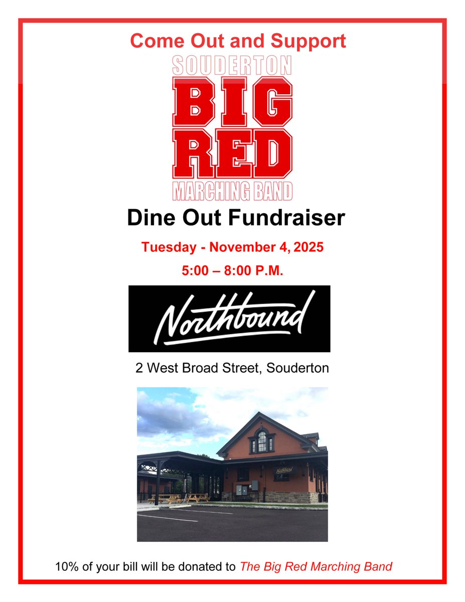 Dine out is this Tuesday November 4! After you vote, enjoy a meal at Northbound in Souderton from 5-8 pm. With this flyer 10% of your bill will be donated to the SAHS Big Red Marching Band. Thank you for your support and Let's Go Big Red! #SoudertonBigRedMarchingBand
#EatLocal