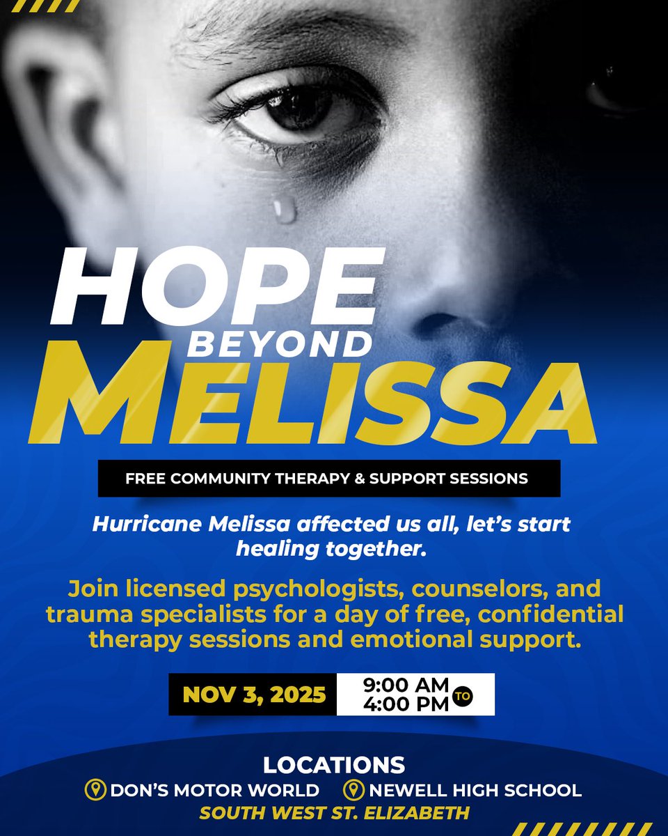 Hope Beyond Melissa 💛

Starting tomorrow, free therapy and support sessions begin across South West St. Elizabeth, alongside ongoing care package distributions and meal support for those affected by Hurricane Melissa.

 Nov 3 | 9 AM – 4 PM
Don’s Motor World &amp; Newell High School