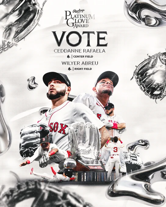 TEXT: Rawlings Platinum Glove Award
Vote
Ceddanne Rafaela Center Field
Wilyer Abreu Right Field

IMAGE:
A collage of cutouts of Wilyer Abreu and Ceddanne Rafaela wearing the Red Sox home white uniforms and shiny, silver gloves. They are seen in multiple poses next to a cutout of the Rawlings Platinum Glove Award, all of which are overlaid on a grey, textured background. The graphic also features platinum gloves and silver particles throughout.