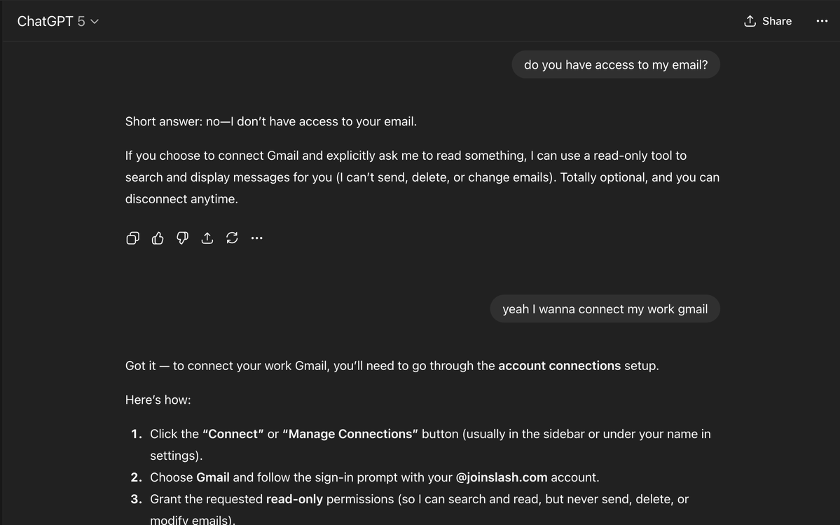 kevinbai0's tweet image. it&apos;s a bit ridiculous that this doesn&apos;t just magically just work and attempt to connect my gmail. feels very much like we&apos;re still living in &quot;horseless carriages&quot; version of the world.