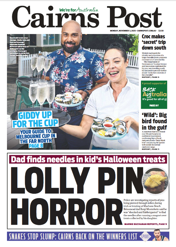 Sian_Emily's tweet photo. INSIDE TODAY: Police are investigating reports of pins being pierced through lollies during trick or treating at Machans Beach. Read the paper via the app: (Apple: https://t.co/37PhNdPW1Q Android: https://t.co/8ZzvJgKTJI) OR web: https://t.co/LWg5VsdxvC https://t.co/pTNUF9Jms9