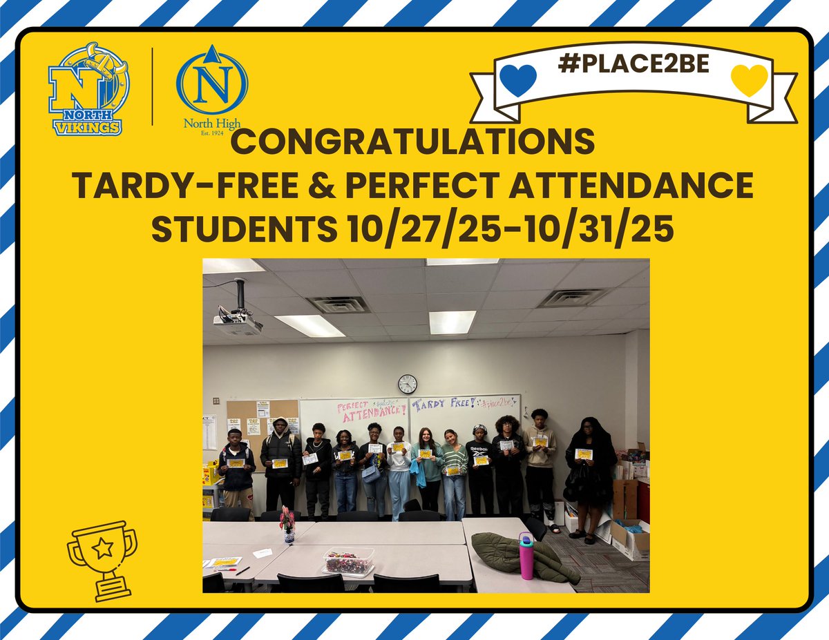 Say hello 👋 to last week’s Tardy Free &amp; Perfect Attendance winners!  Every week, we recognize Vikings from every grade level with outstanding attendance for the week prior.  We are announcing the next round of winners Monday morning!  Could you be a winner? 👀 #place2be 💙💛💙💛