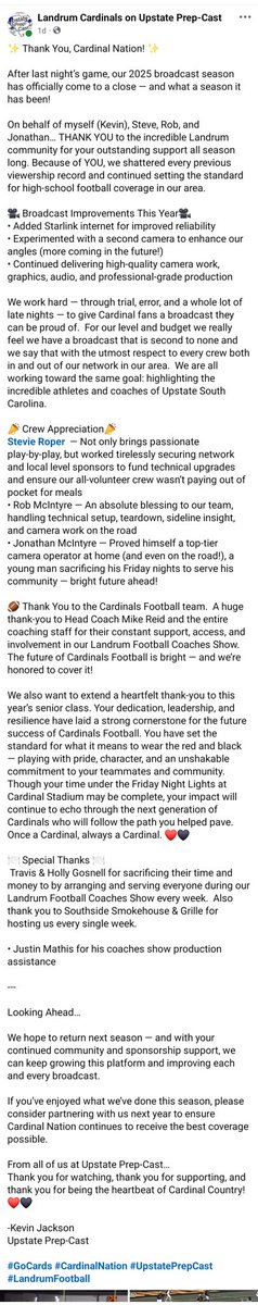 RadioLHS's tweet image. Thank you to everyone who watched Landrum Cardinals Football on Upstate Prep-Cast this season!  

Please read our thank you letter below and see scenes from our broadcasts.  

Check out our YouTube Channel and subscribe at youtube.com/@lhsonupc

See you next year!