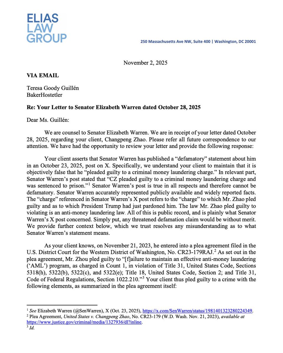 🔴COINTELGRAPH: "Legali di Sen. Warren rispondono alla minaccia di diffamazione di CZ: 'Le accuse sono infondate'"