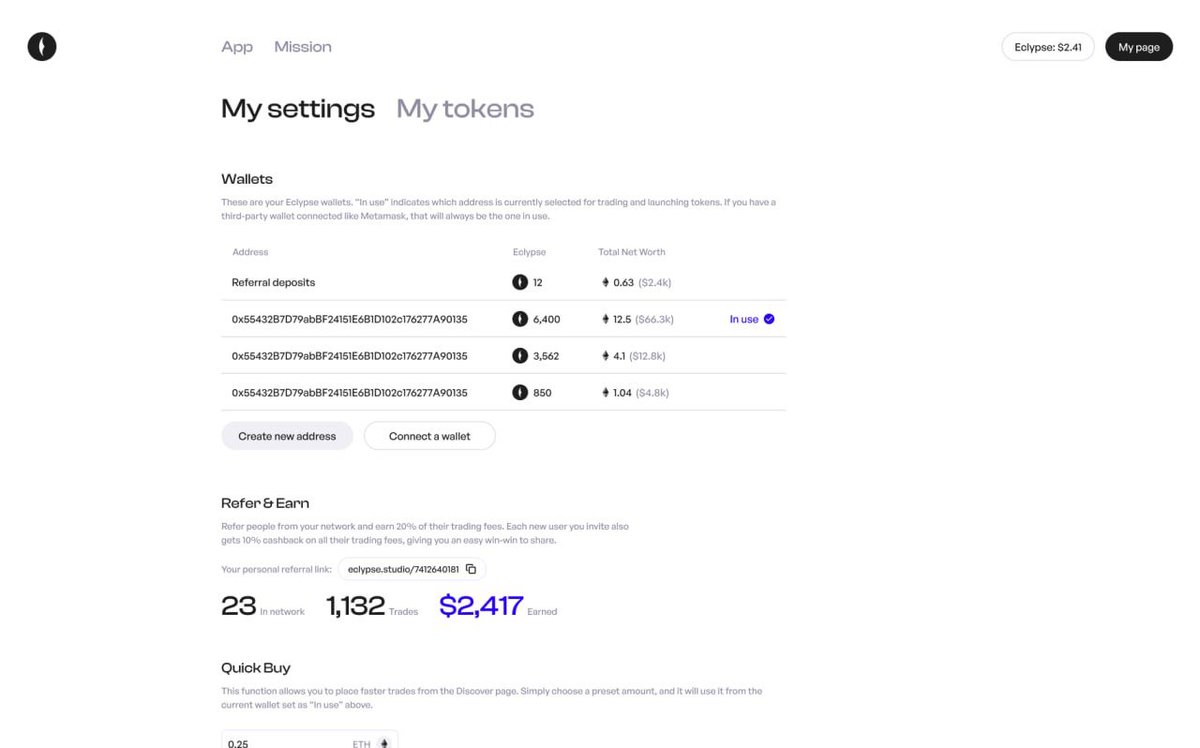 eclypseethereum's tweet image. Eclypse Establishing

🌑 Making progress on the referral system UI

We’ve been making solid progress on the UI for the referral system inside the dashboard, and it’s starting to look really clean 👀

On this page, you’ll be able to track your profits, see your unique referral…