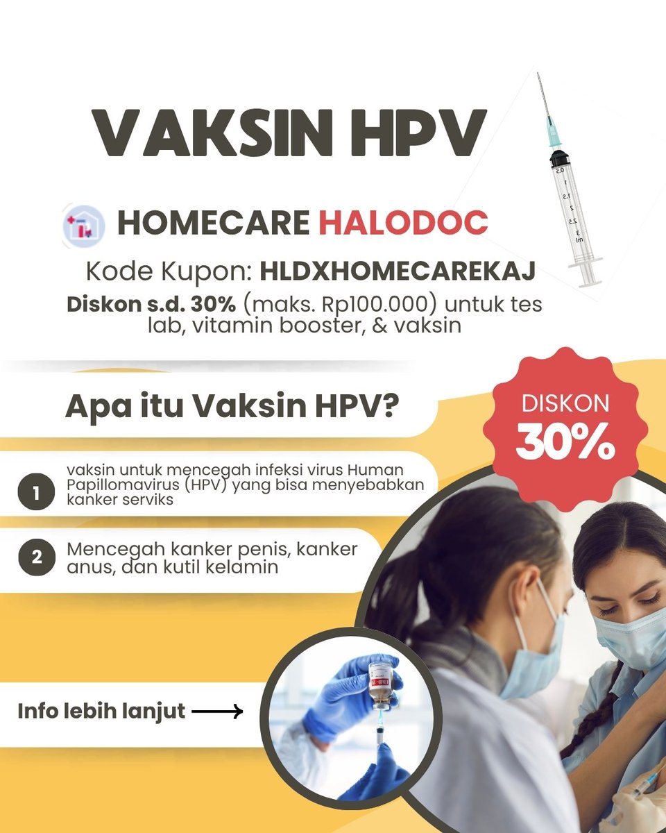 yantikalit02's tweet image. Vaksin HPV di Homecare Halodoc💫
Vaksin dapat dilakukan di rumah. Diskon 30 ℅ dengan pakai kode kupon HLDXHOMECAREKAJ
#halodoc #temanhalodoc #sehatbarenghalodoc #zonauang #zonajajan #voucherhalodoc